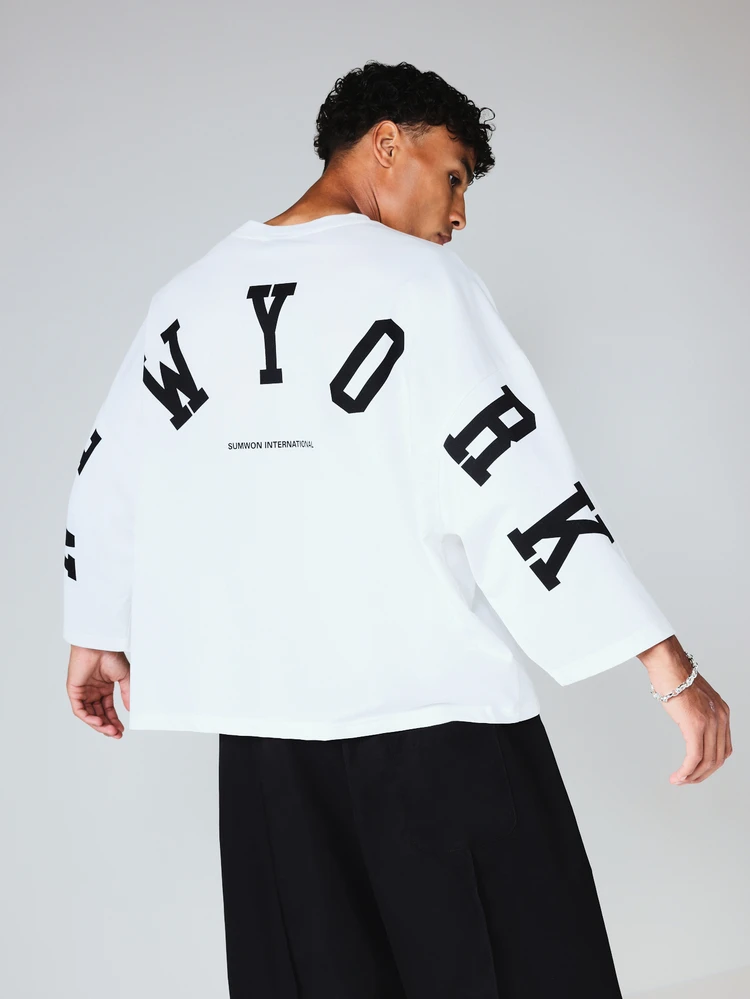 Oversized Boxy Crew Neck Langarm T-Shirt mit New York City Aufdruck, Dropped Shoulder
