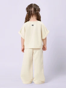 SUMWON 快乐时光刺绣套装T恤和阔腿运动裤，幼儿春季休闲家居服 - 卡其色 - 查看 2