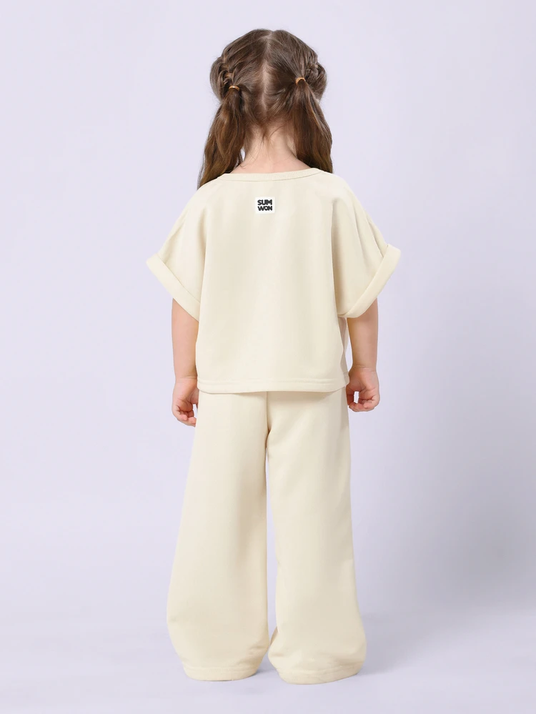 Happy Days Embroidered Co-Ord T-Shirt And Wide Leg Sweatpants Matching Set For Toddlers Spring Casual Loungewear