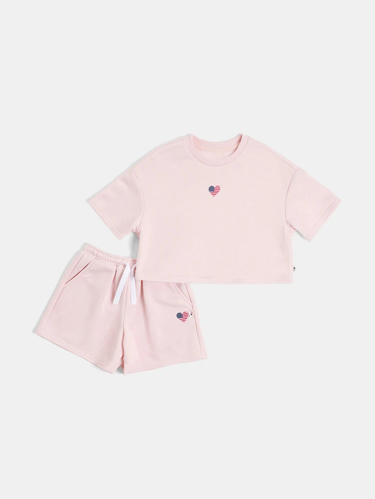 Little Miss America Crew Neck Crop Tee And Elastic Waist Shorts Co-Ord Set With Heart Flag Print , Fourth Of July