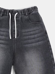 SUMWON Tween Drawstring Elastic Waist Washed Denim Jorts Knee Length Casual Summer Shorts With Front And Back Pockets - Grey - View 3