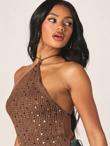 MISSGUIDED 钩针编织露背吊带露背吊带衫，饰有亮片，系带设计，适合节日、夏季度假 - 棕色 - 查看 5