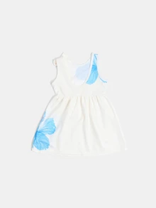SUMWON Girls Sleeveless Fit And Flare Dress With Blue Hibiscus Floral Print And Bow Shoulder Detail Summer Party - White - View 2