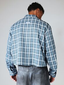 SUMWON 短款修身长袖格纹法兰绒衬衫，配有双前胸口袋和纽扣领 - 藍色 - 查看 2