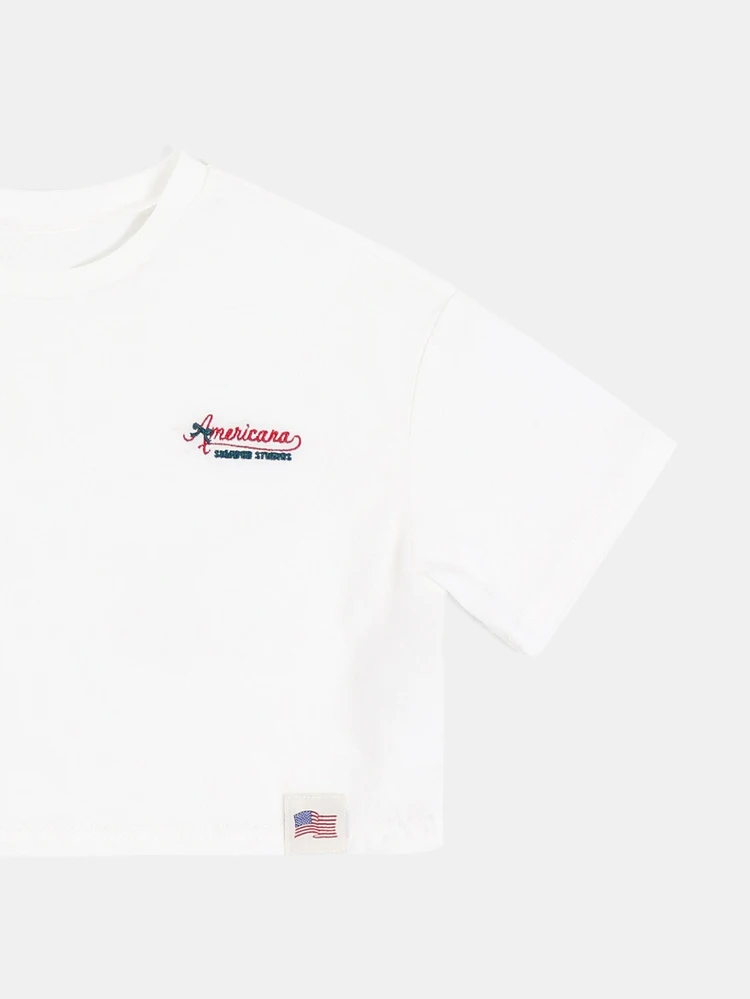 Girls Americana Embroidered Crop T-Shirt With Crew Neck And Short Sleeves Summer Casual Style , Fourth Of July