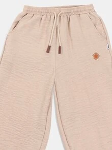 SUMWON Pantalones anchos de sensación de lino con bordado de sol y detalle de dobladillo ondulado, cintura con cordón, casual de verano para preadolescentes - Albaricoque - Ver 3