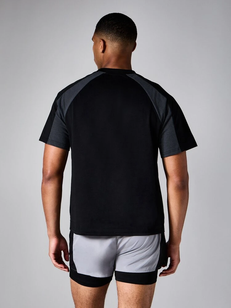 Color Block Raglan Short Sleeve Crew Neck Athletic Training Performance T-Shirt With Contrast Panel Design Regular Fit