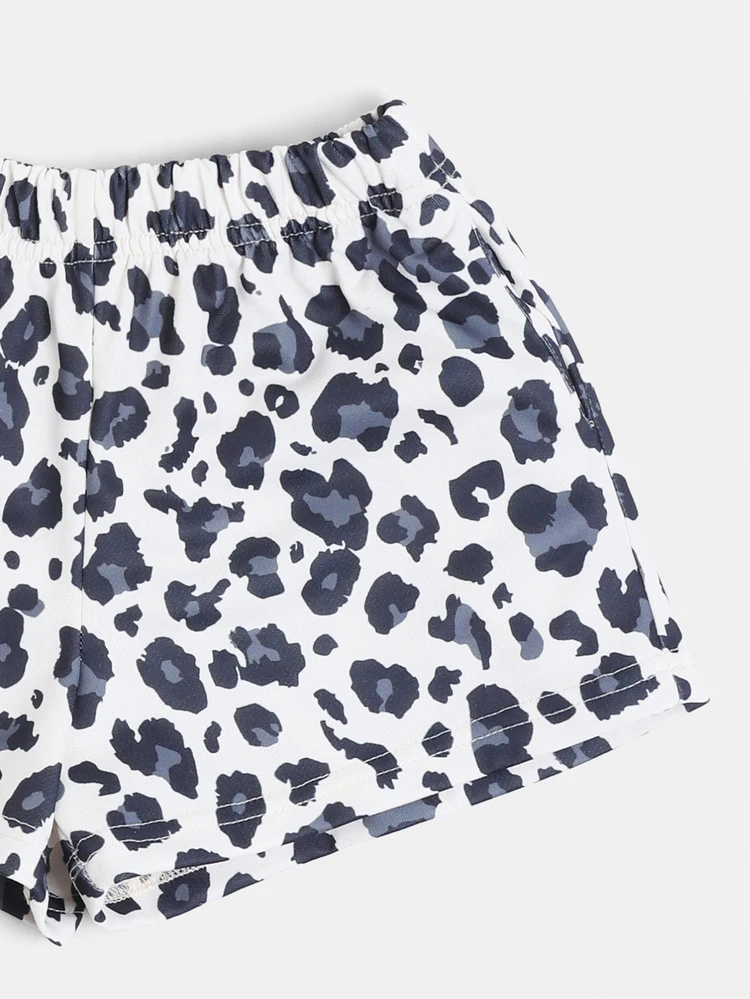 Mädchen Crew Neck Crop Top und Leoparden-Muster Shorts Co-Ord Set mit Spitzen Nummer 23 Applikation, Sommer Zweiteiler Outfit