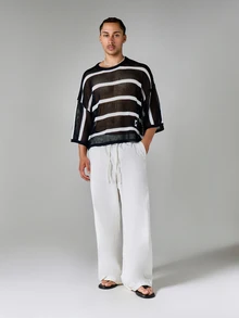 SUMWON Oversized Open Knit Mesh Striped Crewneck Top Short Sleeve Boxy Fit Summer Layering Pullover - Black - View 6