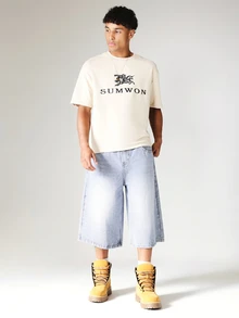 SUMWON Kaos Lengan Pendek Leher Bulat Ukuran Besar dengan Grafis Logo Merek Reguler, Pakaian Kasual Streetwear, Kebutuhan Sehari-hari - Khaki - View 3
