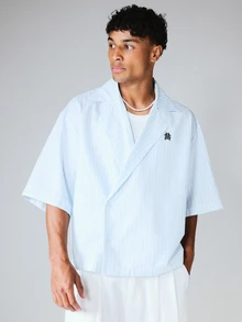 SUMWON Wrap Over Cropped Striped Short Sleeve Shirt With Notch Lapel Collar And Embroidered Monogram Logo Summer - Baby Blue - View 1