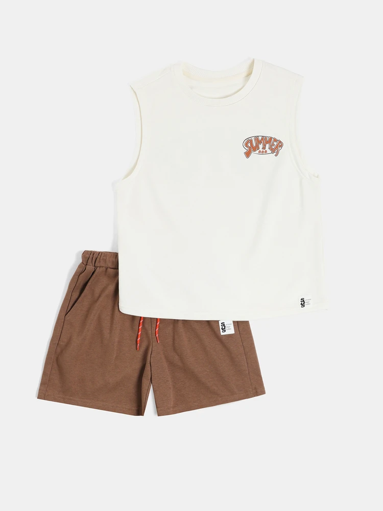 Boys Summer Beach Club Sleeveless Tank Top And Shorts Co-Ord Set With Back Graphic Print