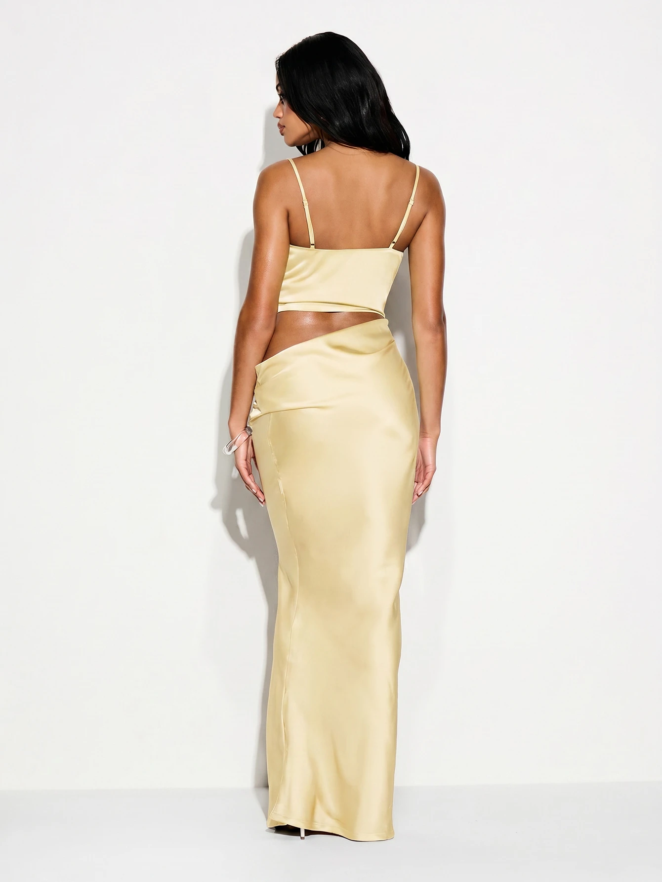 Satin Maxi Dress With Lace Trim And Cut Out Side
