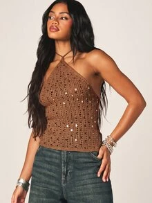 MISSGUIDED 钩针编织露背吊带露背吊带衫，饰有亮片，系带设计，适合节日、夏季度假 - 棕色 - 查看 1