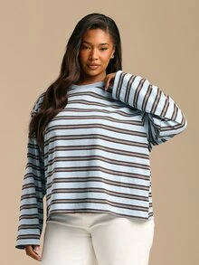 FASHION SZN Plus Size Light Blue Lightweight Knit Plus Size 90s Long Sleeved Top Ringer Tee Casual Everyday Wardrobe Loose Fit Graduation Summer Fall Autumn Winter New Season Trending Hot Item Y2K Essentials Basics - Multicolor - View 5