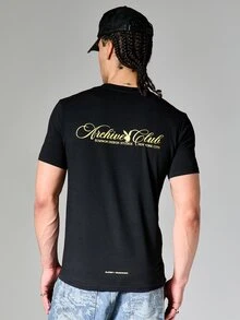 PLAYBOY X SUMWON Archive Club Graphic Bunny Slim Fit Crewneck Short Sleeve T-Shirt With Gold Script Print - Black - View 1