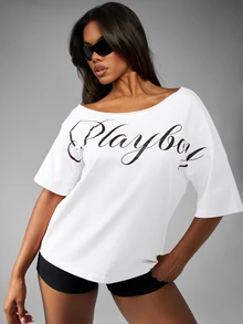 Missguided x Playboy Script Logo Off-The-Shoulder Oversized T-Shirt Casual Summer Festival Bardot Top - White - View 4