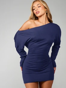MISSGUIDED Asymmetric One Shoulder Long Sleeve Bodycon Mini Dress Party Night Out Ruched Fitted Style - Navy Blue - View 5