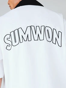 SUMWON Oversized Bowling Shirt With Contrast Black Collar And Dual Chest Pockets Short Sleeve Button-Up - Black and White - View 6