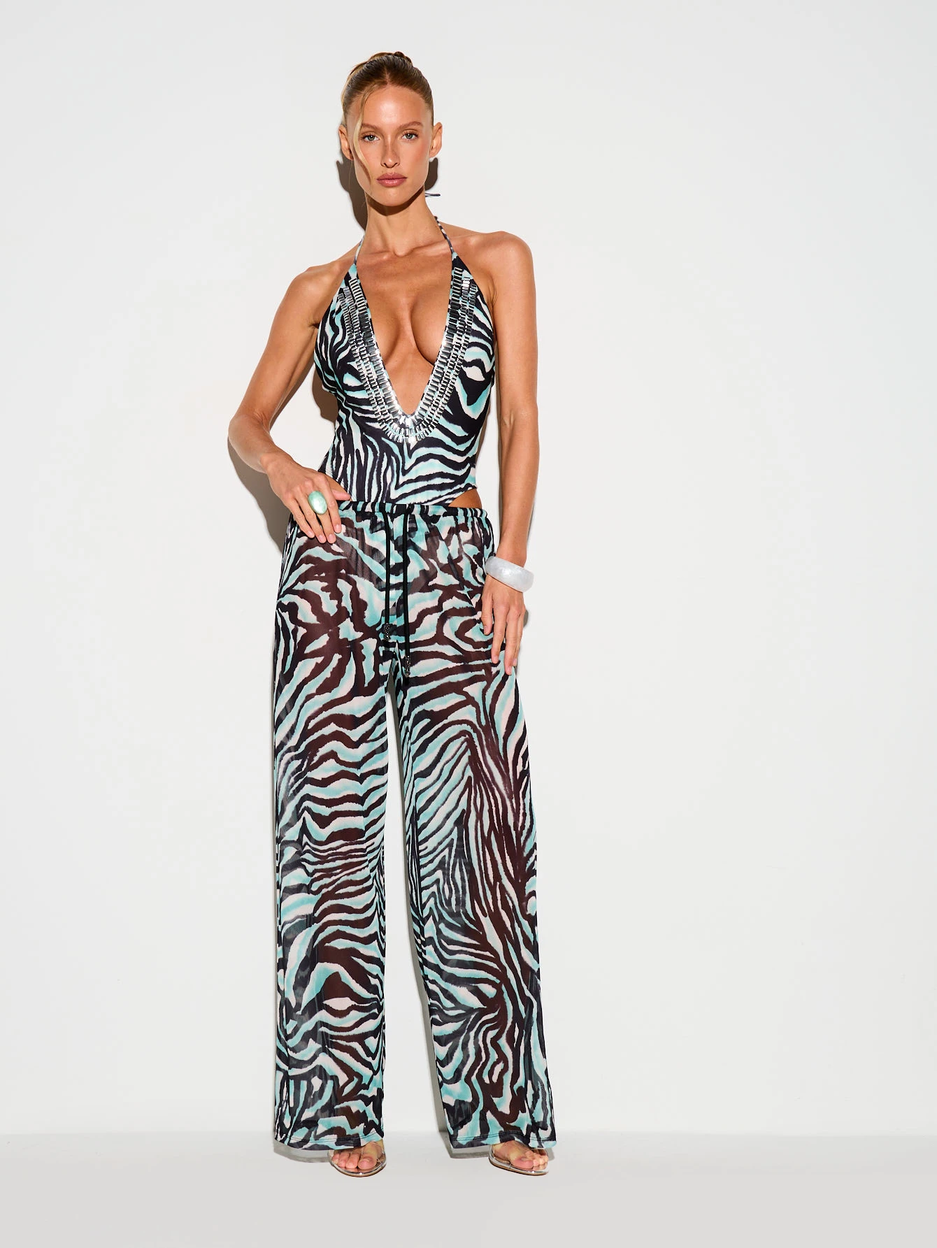 KIZN Zebra Print Halter Swimsuit With Stud Detail