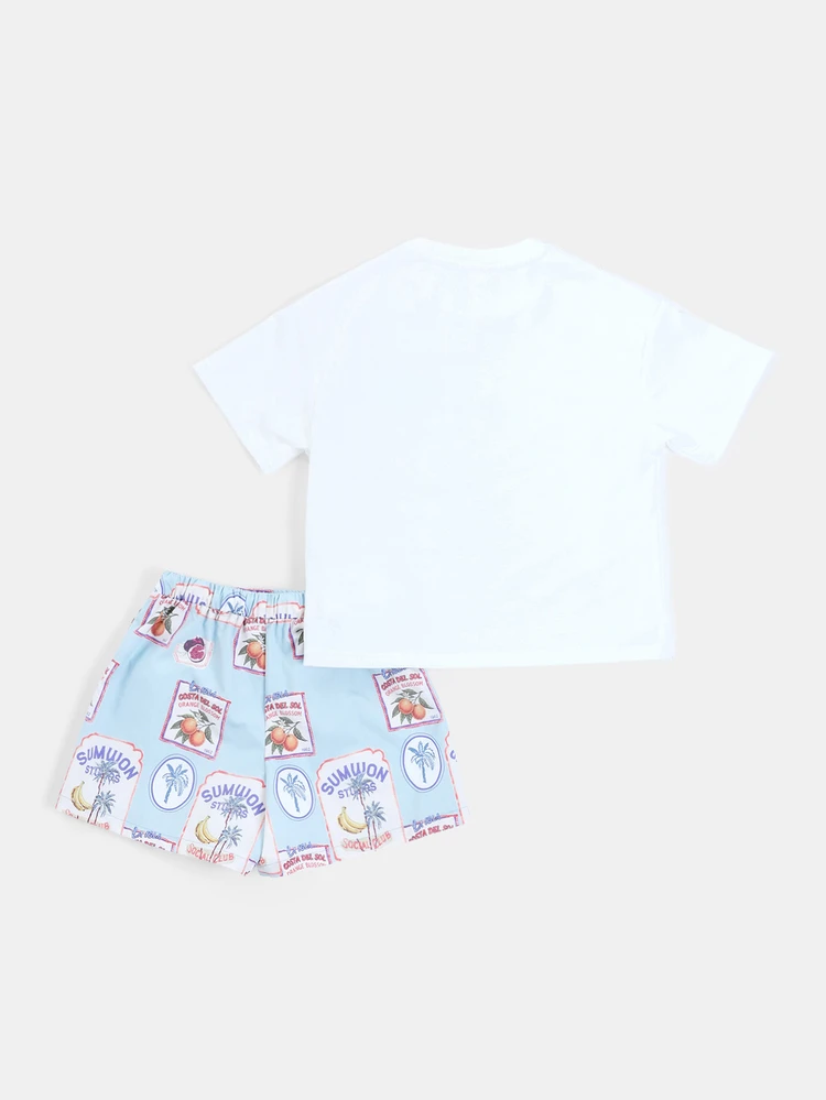 Ensemble court Studios Future Icon pour garçons, t-shirt col rond avec graphique et shorts imprimés tropicaux, coordonné d'été