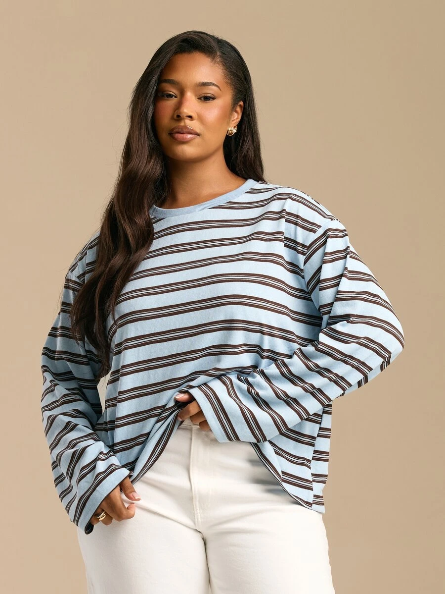 FASHION SZN Plus Size Light Blue Lightweight Knit Plus Size 90s Long Sleeved Top Ringer Tee Casual Everyday Wardrobe Loose Fit Graduation Summer Fall Autumn Winter New Season Trending Hot Item Y2K Essentials Basics - Multicolor - View 1