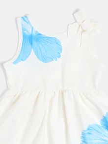 SUMWON Girls Sleeveless Fit And Flare Dress With Blue Hibiscus Floral Print And Bow Shoulder Detail Summer Party - White - View 3
