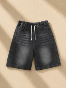 SUMWON Tween Drawstring Elastic Waist Washed Denim Jorts Knee Length Casual Summer Shorts With Front And Back Pockets - Grey - View 1