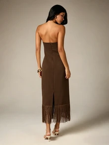 AiiRZ Strapless Fringe Hem Midi Maxi Dress, Bodycon Tube Silhouette Evening Party Formal Occasion Dress - Chocolate Brown - View 3
