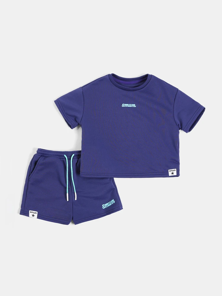 Boys Crew Neck Boxy Crop Tee And Elastic Waist Shorts Co-Ord Set With Logo Print Summer Two-Piece Outfit
