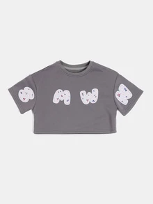SUMWON Girls Cropped Slogan Tee And Shorts Co-Ord Set With Bubble Letter Floral Patch Detail Crew Neck Short Sleeve - Grey - View 3
