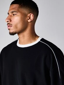 SUMWON Oversized Boxy Crop T-Shirt With Contrast Piping Trim Crew Neck Short Sleeve Casual Top - Black - View 5