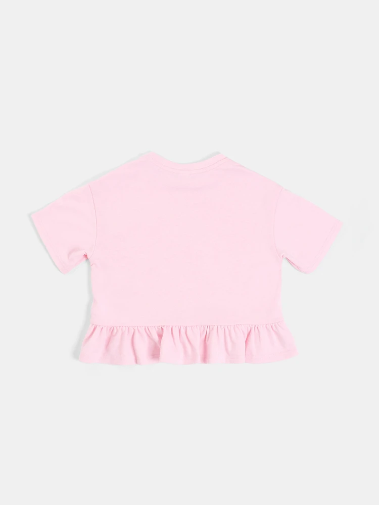 Girls Boxy Peplum T-Shirt With Ruffle Hem Crew Neck Short Sleeve Summer Casual Top Beach Days Slogan