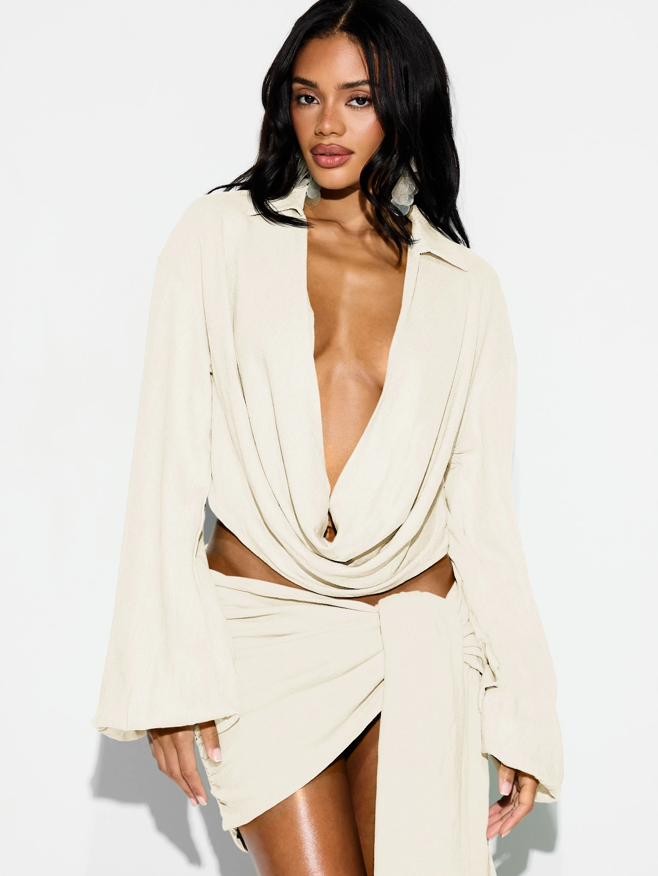 KIZN Oversized Cowl Neck Shirt With Flared Bell Sleeves