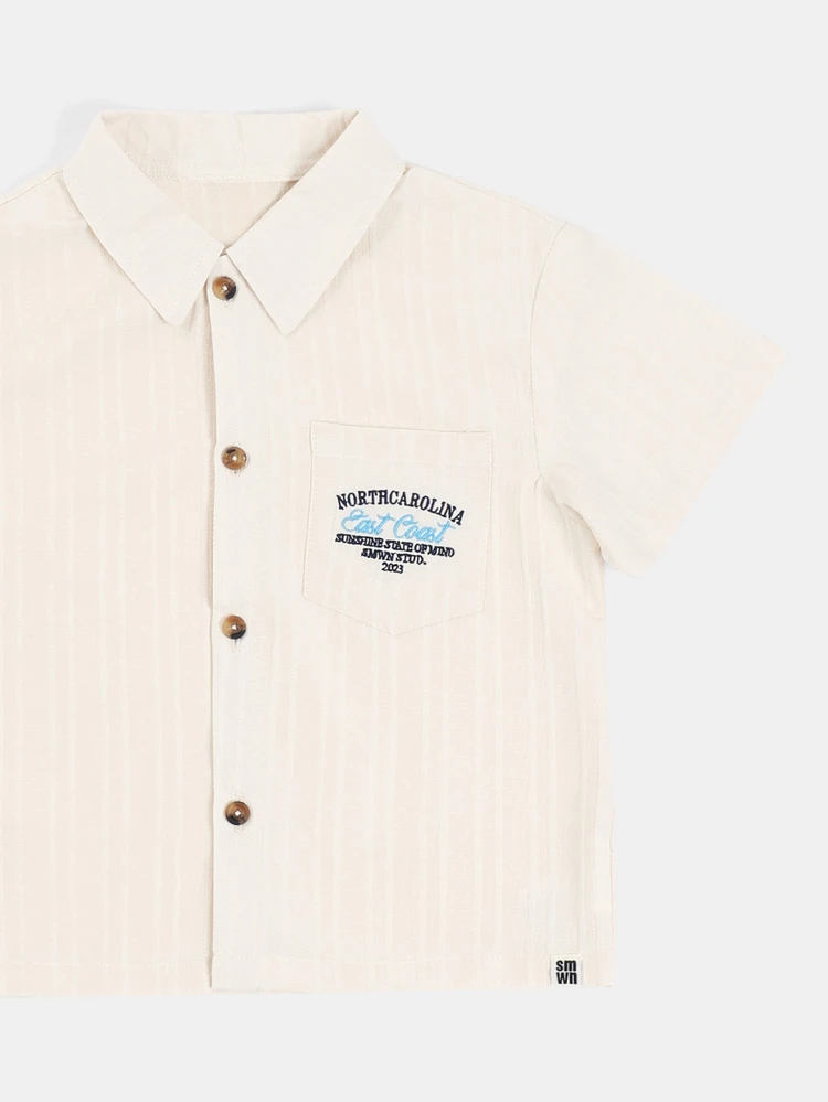 Boys Regular Fit Short Sleeve Button-Up Shirt With Chest Pocket And East Coast Embroidered Graphic For Summer