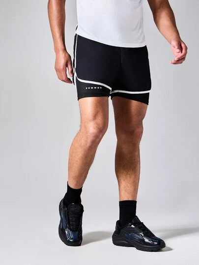 SUMWON 2-In-1 Layered Running Shorts With Contrast Piping And Inner Compression Liner Mid Thigh Length