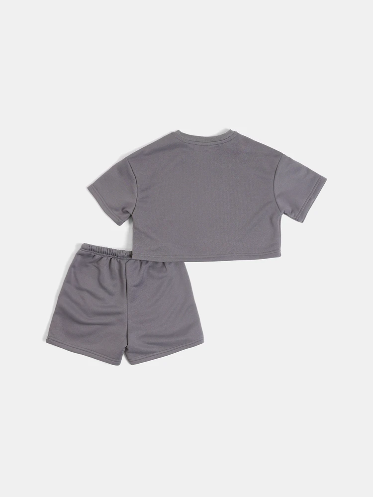 Girls Cropped Slogan Tee And Shorts Co-Ord Set With Bubble Letter Floral Patch Detail Crew Neck Short Sleeve