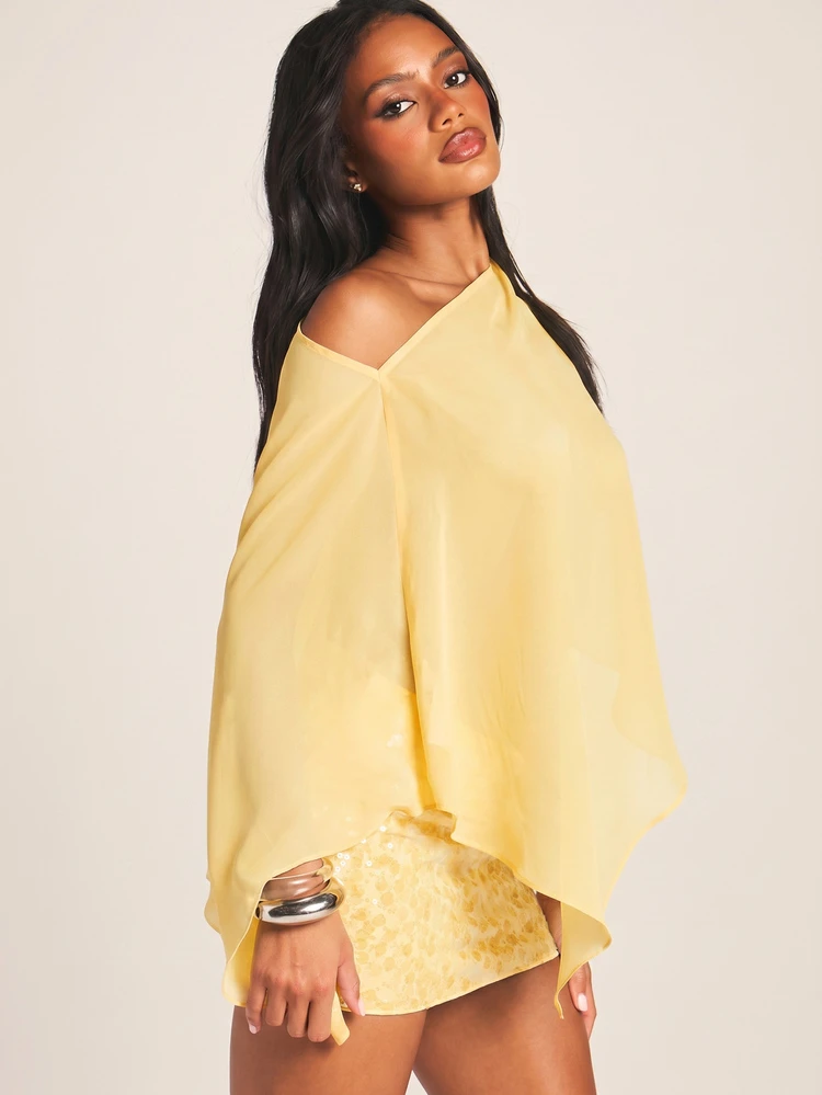 MISSGUIDED Chiffon Cold Shoulder Poncho Top With Sequin Hem Overlay Flowy Asymmetric Cape Style Party Top