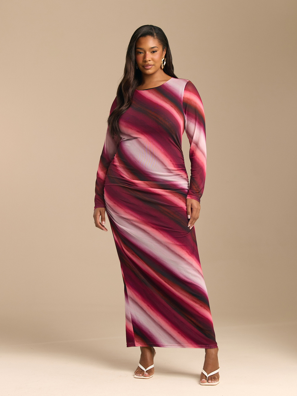Plus Size Ombre Print Stretch Mesh Long Sleeve Dress Midi Length Maxi Womens Dresses Wedding Guest Date Night Evening Occasion Birthday Party Summer