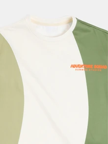 SUMWON Tween Boys Colour Blocked Co-Ord Set Curved Panel Crewneck T-Shirt And Shorts Summer Casual Streetwear - Green - View 3