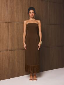 AiiRZ Strapless Fringe Hem Midi Maxi Dress, Bodycon Tube Silhouette Evening Party Formal Occasion Dress - Chocolate Brown - View 2