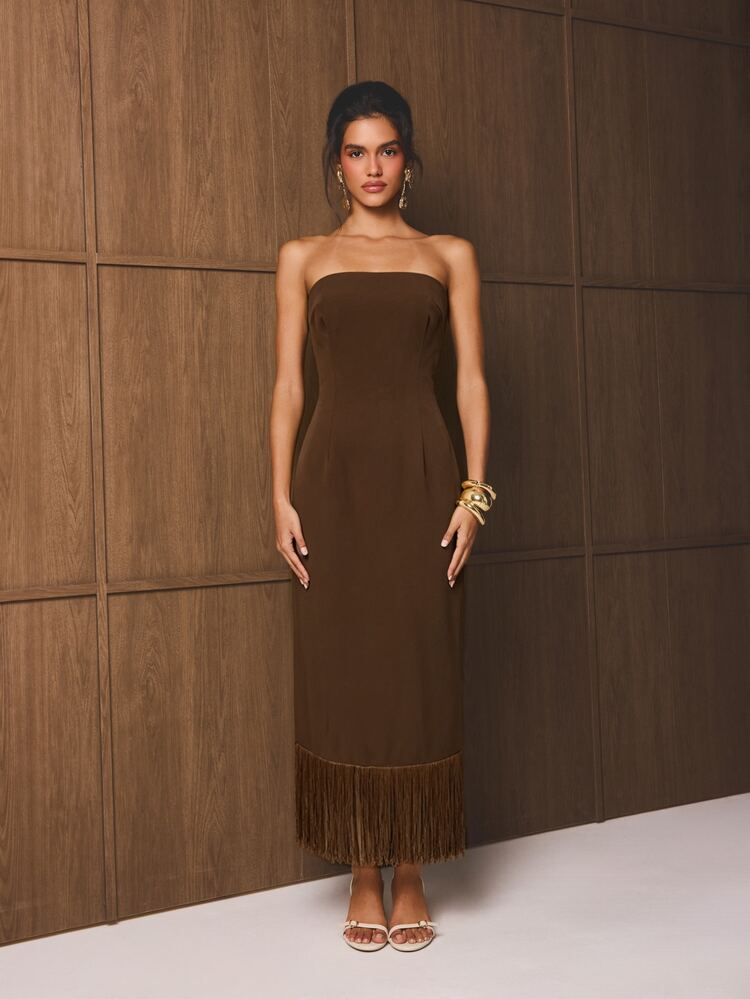 Strapless Bodycon Dress With Fringe Hem