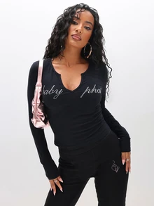BABYPHAT 大码长袖V领上衣，饰有水钻字母Logo细节 - 鵝黃色 - 查看 1