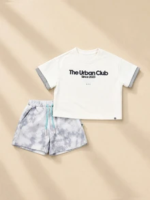 SUMWON Boys Urban Club Graphic Crew Neck Tee And Tie Dye Shorts Co-Ord Set Summer Two-Piece Outfit - White - View 1