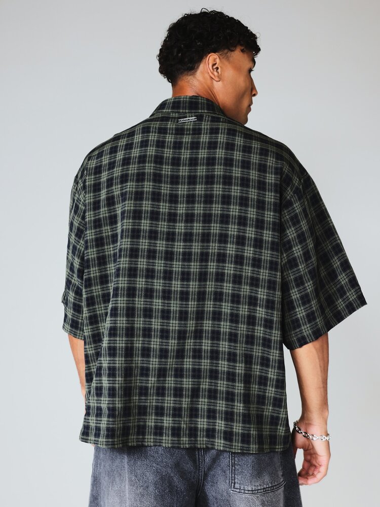 Oversized Plaid Check Short Sleeve Button-Up Shirt With Western Yoke Detail And Point Collar