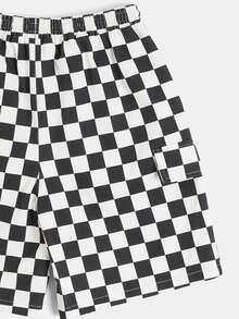 SUMWON Tween Boys Checkerboard Cargo Jorts Elastic Waist Drawstring Denim Shorts Summer Casual Knee Length - Black and White - View 4