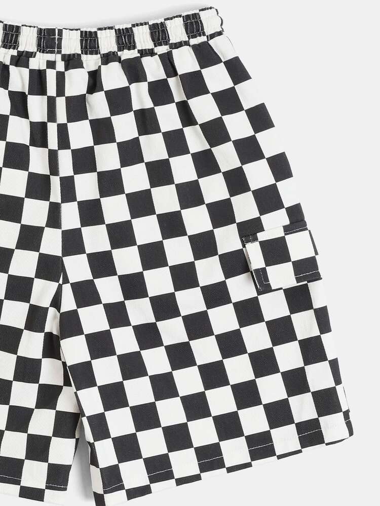 Tween Boys Checkerboard Cargo Jorts Elastic Waist Drawstring Denim Shorts Summer Casual Knee Length