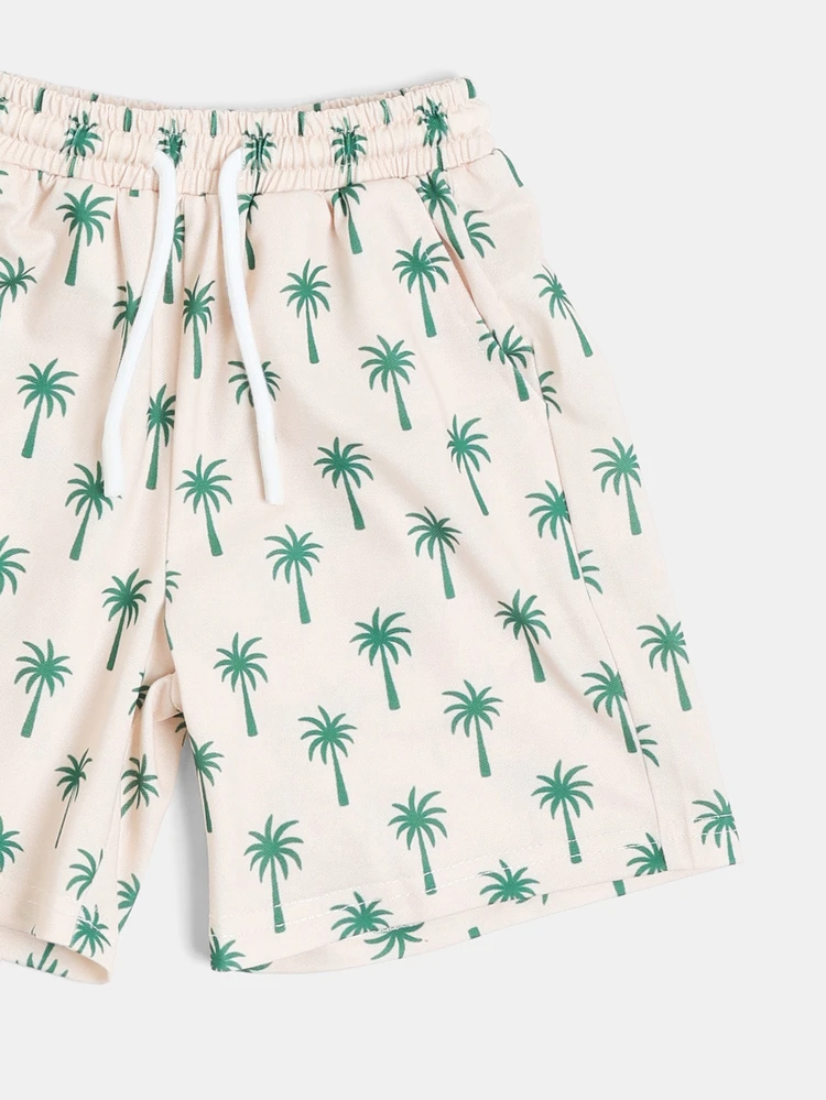 Boys Palm Tree Print Short Sleeve Camp Collar Shirt And Shorts Co-Ord Summer Holiday Beach Set
