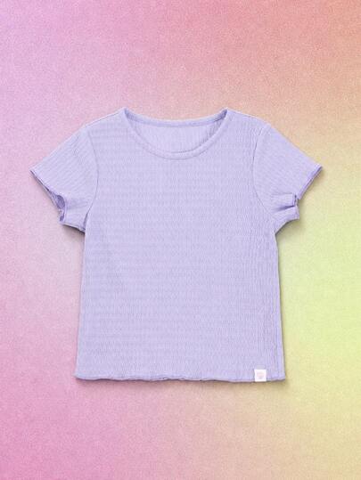 SUMWON Girls Textured Smocked Crew Neck Short Sleeve Tee With Lettuce Edge Hem Casual Summer Top