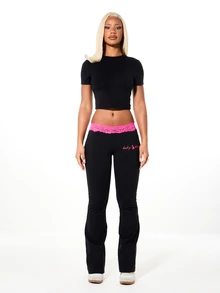 BABYPHAT Plus Size Flared Leggings With Pink Lace Waistband And Logo Print Low Rise Stretch Pants - Black - View 3